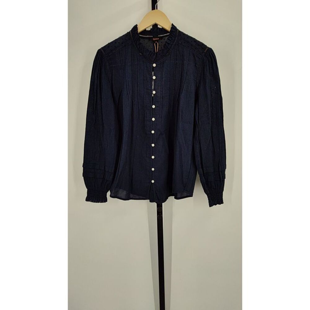 Quince Women Organic Textured Cotton Peasant Blouse Navy Sleeved Top M
